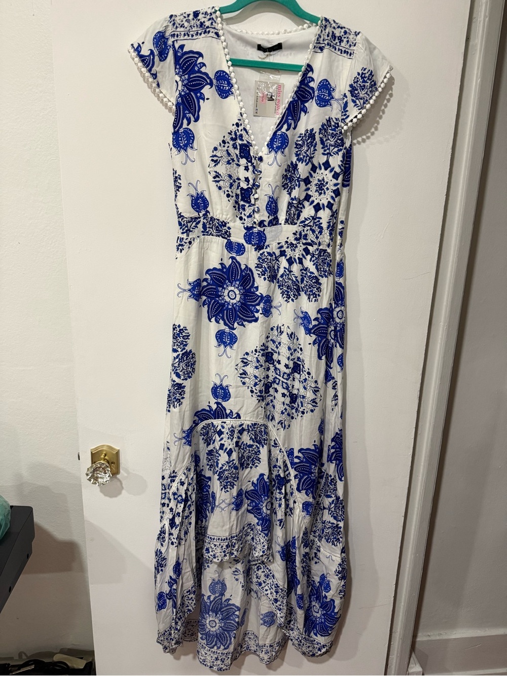 White Maxi Dress with Blue Floral Print